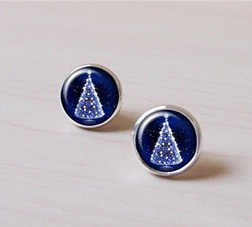 Merry Christmas, Christmas Tree, star tree in the galaxy, silver Earring stud, Earring clip