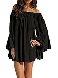 Women's Off Shoulder Boho Swimsuit Cover-Up Tunic Top Mini Dress S Black
