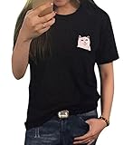 Pocket Cat T-Shirts Women Gothic Cotton Short Sleeve Top Tee