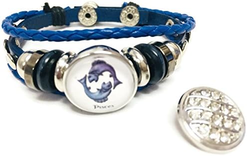 Horoscope Zodiac Pisces Sign Snap Blue Leather Bracelet W/Extra 18MM - 20MM Charm