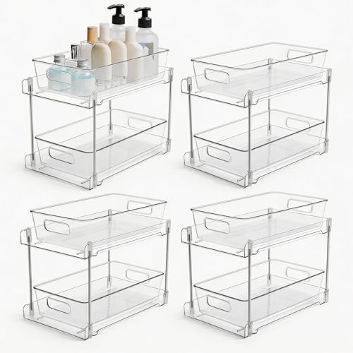 Juego de 4 Organizadores de Cocina Transparentes, 2 Niveles de Organizador de Baño Deslizante, Estantes de AcríLico Organización de Despensa para Despensa, Cocina, Dormitorio, Baño