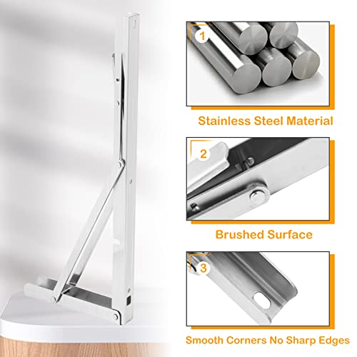 YOC Folding Shelf Brackets 16 Inches, Folding Table Hinge, Stainless Steel, Collapsible Wall Mount DIY Bracket for Work Bench Table, Max Load 330 Lb, Pack of 2 with Screws