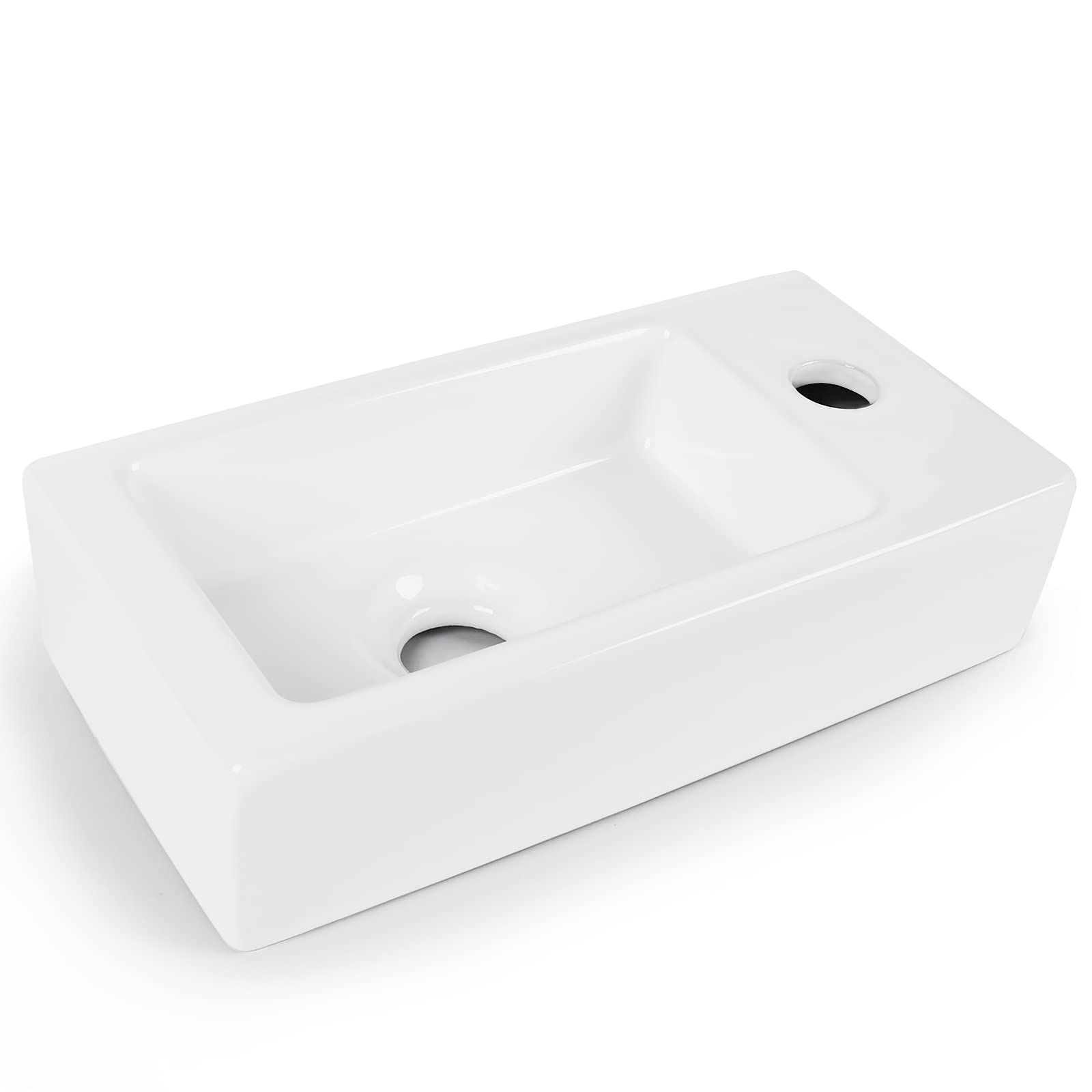 Photo 1 of Wall Mount Hang Small Vessel Sink, Ceramic Liberty Wall Mount Sink, Rectangle Bathroom Sink, Classic Look and Save Space (14.5L" x 7.4"W (Right Hand))