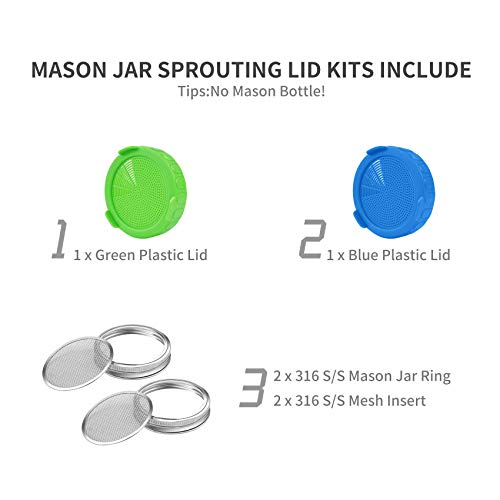 4 Pack Sprouting Lids, 2 Plastic Sprout Lids + 2 Stainless Steel Sprout Lids/Kits With Mesh