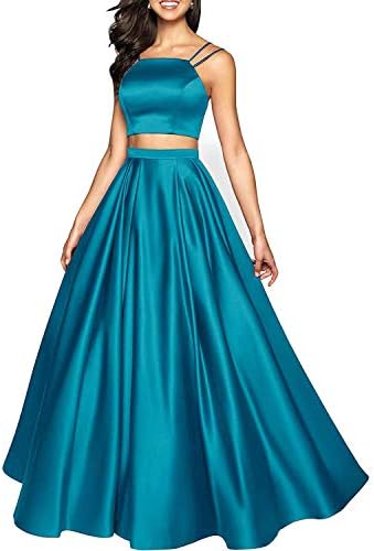 Rjer Two Pieces Prom Dresses Long A Line Satin Formal Evening Gowns for Women 2019