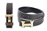 Women's H Reversible Leather Belt With Removable Buckle Brown with Gold Buckle