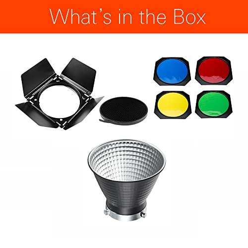 Godox Standard 7" Fish Scale Design Reflector Diffuser + Barn Door BD-04 with Honeycomb Grid and 4 Color Gel Filters