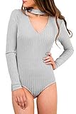 Prograce Women V Neckline Choker Long Sleeve Tight Leotard Shirt Tops Grey S