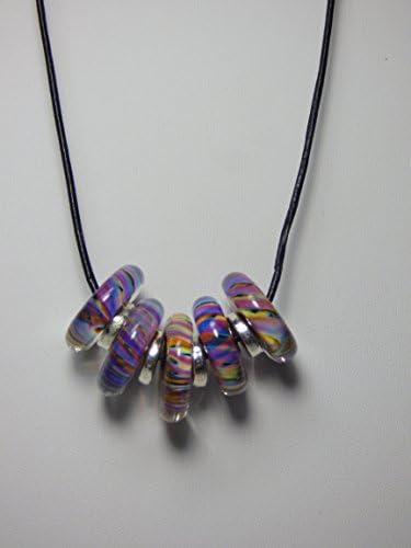 Multi-color Twistie Striped Silver Glass Bead Slider Necklace on Adjustable Length Leather Cord