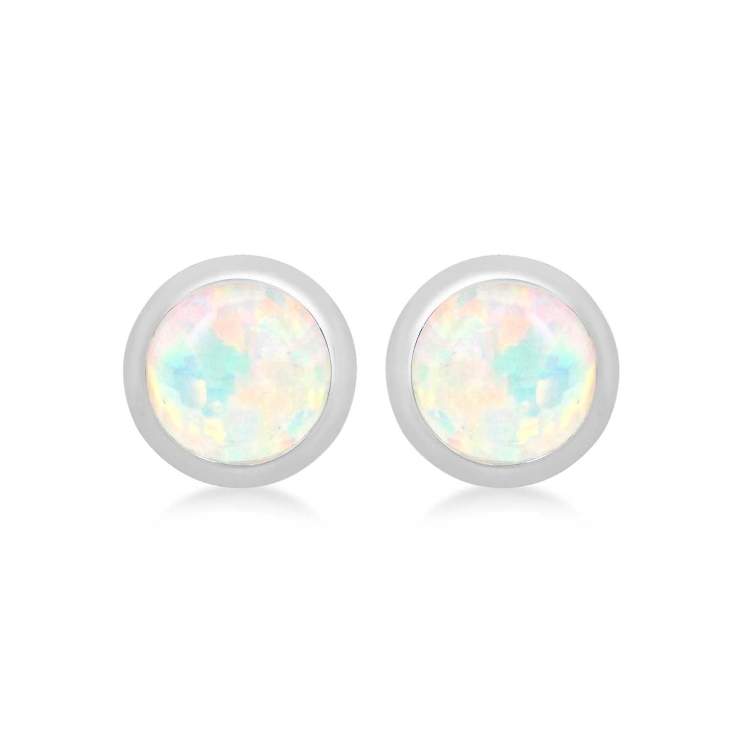 Tuscany Silver Women's Sterling Silver Stud Earrings - White Cabochon Synthetic Opal October Birthstone - 4mm