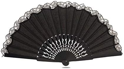 Ole Ole Flamenco Spanish Hand Fan Pericon Large 12 inch 32 cm Handmade Made of Wood and Fabric Abanicos Españoles BLack with Black Lace