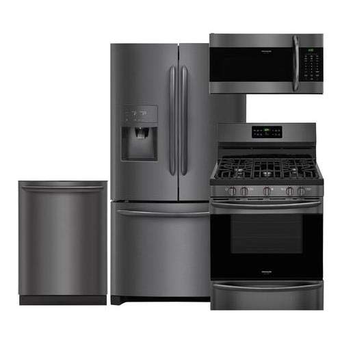 Frigidaire-Gallery-4-Piece-Black-Stainless-Steel-Package-with-FGHB2868TD-36-French-Door-Refrigerator-FGGF3036TD-30-Freestanding-Gas-Range-FGID2466QD-24-Dishwasher-and-FGMV176NTD-microwave