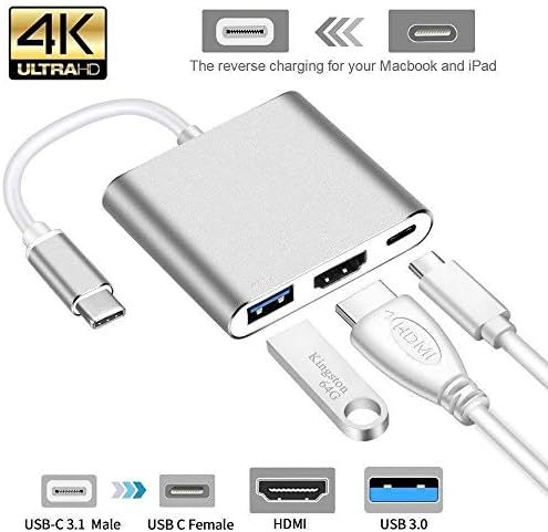 CP-Tech network interface USB Type C Hub HDMI 4K Adapter USB-C to HDMI Converter with 3.0 USB Port and Type C 3.1 Female Charging Port for MacBook Pro, Surface Book/Pro3/Pro4, ChromeBook Pixel and More (Silver)