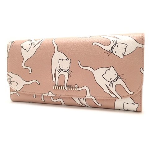 Miumiu ミュウミュウ マドラスキャットプリントフラップ長財布 Cat ウォレット 小物 お得 レザー アラモード 中古 5mh109 ピンク B07dnnmsj7