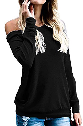 KABUEE Women's Sexy Off The Shoulder Long Sleeve Tunic Tops Casual Loose t Shirt Blouses (L, Black2)