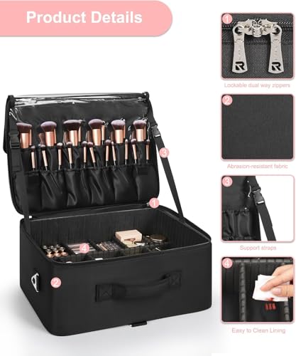 Relavel XXL Professional Makeup Case with Brush Holder, 4 Clear Pockets, Lipstick Tray, Shoulder Strap and Adjustable Compartments for Makeup Artists