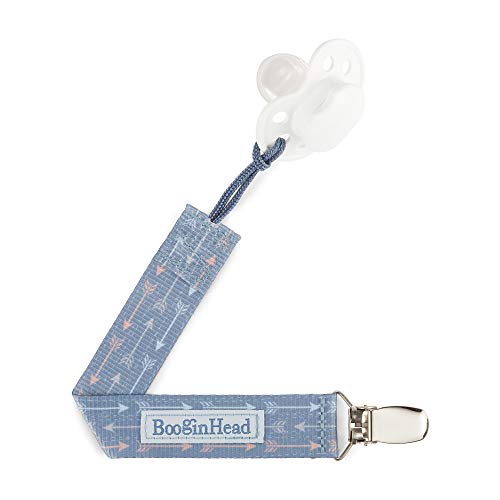 BooginHead Baby Newborn PaciGrip Pacifier Clip, Holder, Toy, Teether, Soothie, Universal Loop Layette Boy, Blue Arrows, Blue Feathers, 2 Pack