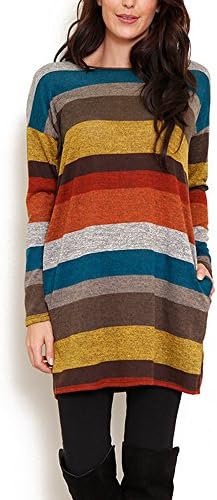 xinglan Women Casual Long Sleeve Stripe Sweater Top Cotton Tunic Loose T-Shirt Dress with Pockets