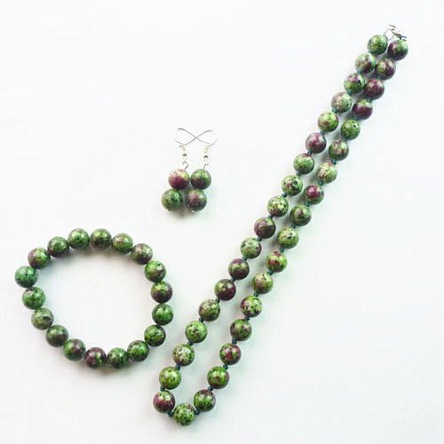Ruby in Fuchsite Round Necklace & Stretchy Bracelet& Earrings Set