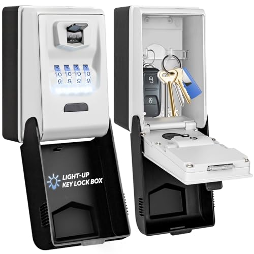 ENONEO External Backlit Key Safe Box with 4 Digit Code Key Box Waterproof Key Box for Home School