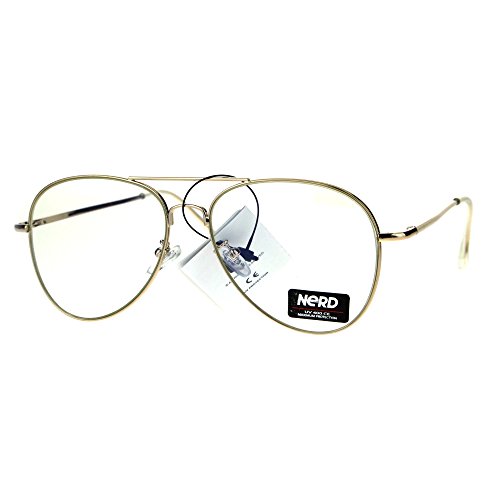 Classic Gold Aviator Glasses Clear Lens Metal Frame Spring Hinge UV 400