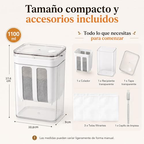 Colador para Yogur Griego 1100ML con Tapa, Filtro Reutilizable para Yogurt, Kefir y Queso, Colador Multiusos para Leche Vegetal, Café y Té, con Telas Filtrantes y Cepillo