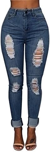 Gemgeny Women Skinny Denim Sexy Hole Jeans Flare Tron Boyfriend Stylish Rock Roll Elastic Jean Joggers Pants (Blue3, M)