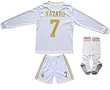 SecenMerch 2019/2020 New Hazard No #7 Real Madrid Home White Kids Long Sleeve Soccer Jersey Kit Shorts Socks Set Youth Sizes
