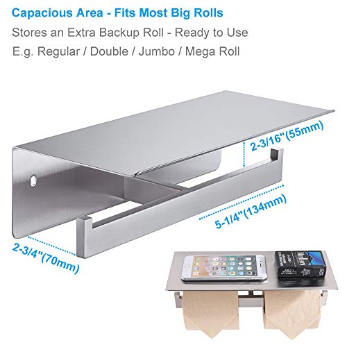Double Toilet Paper Holder with Shelf Brushed Nickel, APLusee Modern Bathroom Accessories SUS