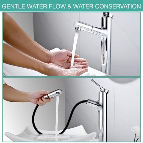 Tall Bathroom Faucet with 2 Modes Pull-Out Shower, DETBOM Basin Mixer, Single Lever Taps, Suitable for Countertop Washbasin, Removable Aerator, Hot/Cold Water, Lead-free, Chrome
