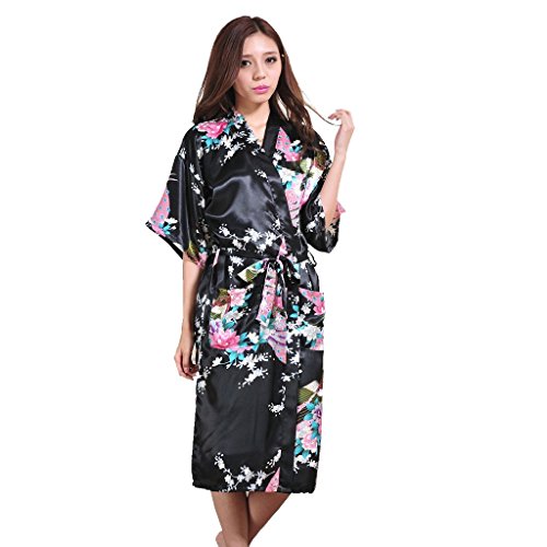 Honeystore Women's Long Silk Kimono Robe Peacock Japanese Satin Dressing Gown