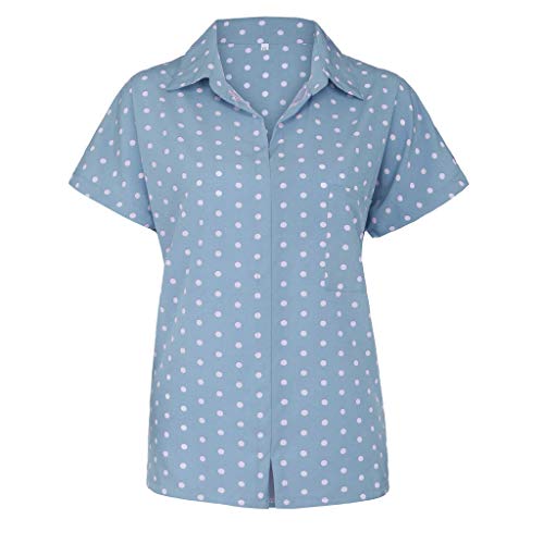 YKARITIANNA Women Turn-Down Collar Short Sleeve Pocket White Polka Dot Print Top T-Shirt - Thumbnail 3