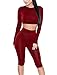 Amilia Womens Sexy Long Sleeve Crop Tops High Waist Leggings 2 Piece Bodycon Set Casual Outfit Tracksuit (XL, Wine Red)