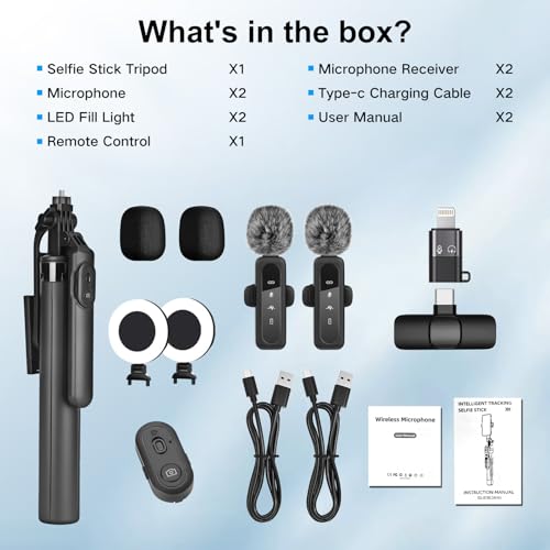 Tiktok/YouTube Kit di Treppiede per Selfie Stick con 2 luci y con 2 microfoni, 180cm Treppiede per smartphone, treppiedi per smartphone compatibile con iPhone & Android Smartphone