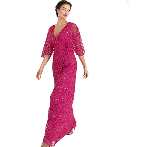 Maya Deluxe Womens Maxi Dress Ladies Sequin Embellished Wrap A-Line Dress for Wedding Guest Bridesmaid Evening Prom Ball Occasion, Robe Femme, Fuchsia,