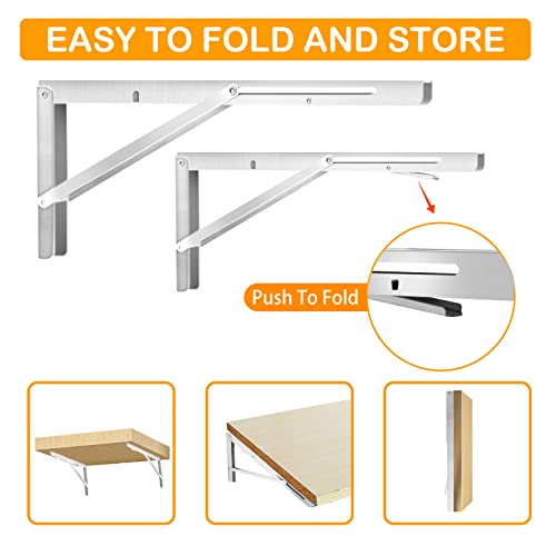 YOC Folding Shelf Brackets 16 Inches, Folding Table Hinge, Stainless Steel, Collapsible Wall Mount DIY Bracket for Work Bench Table, Max Load 330 Lb, Pack of 2 with Screws