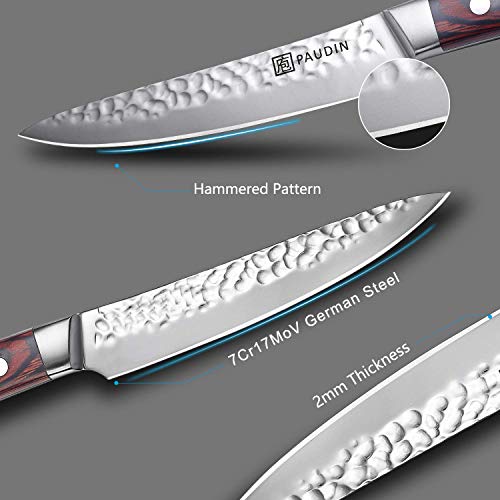 Utility Knife 5 Inch, PAUDIN Pro Kitchen Knife High Carbon German Stainless Steel 7Cr17Mov Hammered Pattern, Sharp Knife with Ergonomic Pakka Wood Handle with Gifted Box - Thumbnail 2