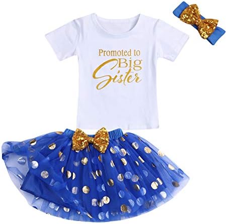 INHoney | Baby Toddler Girl Promoted to Big Sister Skirt Set Short Sleeve Top + Polka Tulle Skirt + Sequin Headband