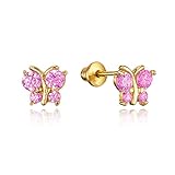 14k Gold Plated Brass Butterfly Cubic Zirconia Screwback Girls Earrings with Sterling Silver Post