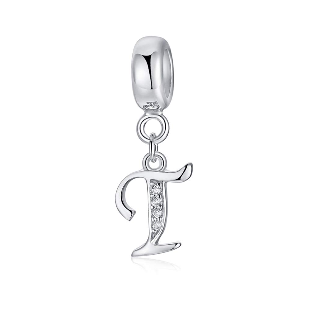 sam panda Alphabet Charms 926 Sterling Silver Letter Initial A-Z Charm Beads Fit pandora for Bracelet, Silver (T)