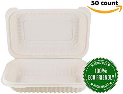 HeloGreen Eco-Friendly Cornstarch Hinged Takeout to-Go Food Containers, Microwave and Freezer Safe, Save The Environment
