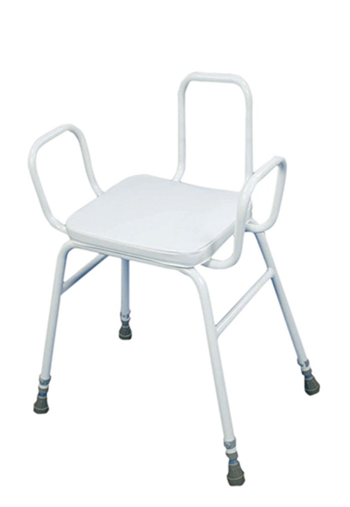Aidapt Height Adjustable Perching Stool With Padded Seat and Safety Arms and Metal Back For Elderly for Users with Limited Mobility