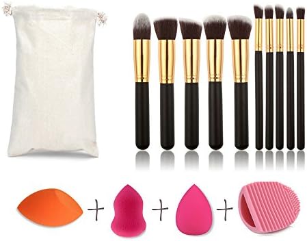 Makeup Brushes, Innshow Foundation Face Powder Blush Eyeshadow Makeup Brush Set Cosmetics Tool with Beauty Sponge Blender and Brush Egg (10 +4 pcs Gold- Black)