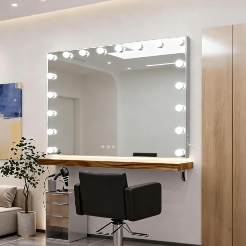 MIQU Espejo Maquillaje con Luz 58x45cm,Espejo Tocador Hollywood con 15 Bombillas LED,3 Modos de Luz,Intensidad Ajustable,con Puerto USB/Type-C,Aumento 10X,Control Táctil,para Mesa o Pared