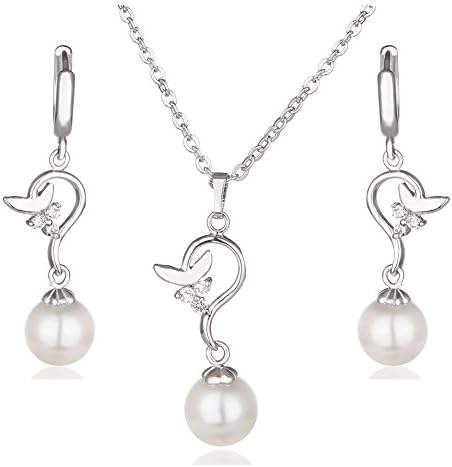 Valentine's Day 18K White Gold Plated CZ Cream Pearl Leaf Bridal Necklace Earrings Jewelry Sets for Women(Clear)