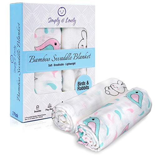 Bamboo Muslin Swaddle Blankets for Baby Girl or Boy | 2 Pack Large 47x47 Inch | Super Soft, Smooth, Lightweight, Stretchy and Breathable | Gender Neutral | Baby Shower Gift Set | Birds and Rabbits