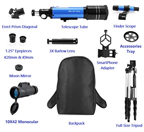MaxUSee 70mm Refractor Telescope with Adjustable Tripod for Kids Adults & Beginners + Portable 10X42 HD Monocular Bak4 Prism FMC Lens, Travel Scope with Backpack and Phone Adapter - Thumbnail 6