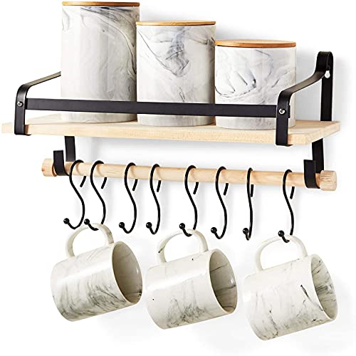 Floating Kitchen Shelf with 8 S Hooks, Wall Mounted (15.75 x 7 x 7
