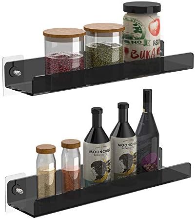 Spice Rack - 24 inch Acrylic Kitchen Shelf Set of 2, Wall Mount Heavy Duty Spices Organizer Elegant Display Oil, Saltcellar, Pepper Shaker, Included Both Screws and No Drilling Adhesive
