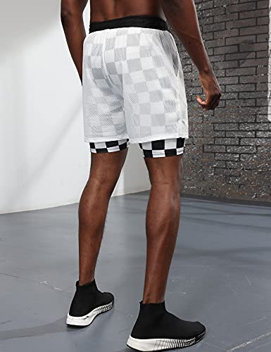 iWoo Men\'s 2 in 1 Workout Running Shorts Quick Dry Compression Shorts with Pockets